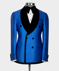 Blue velvet double-breasted suit jacket with black shawl lapels and satin bow tie