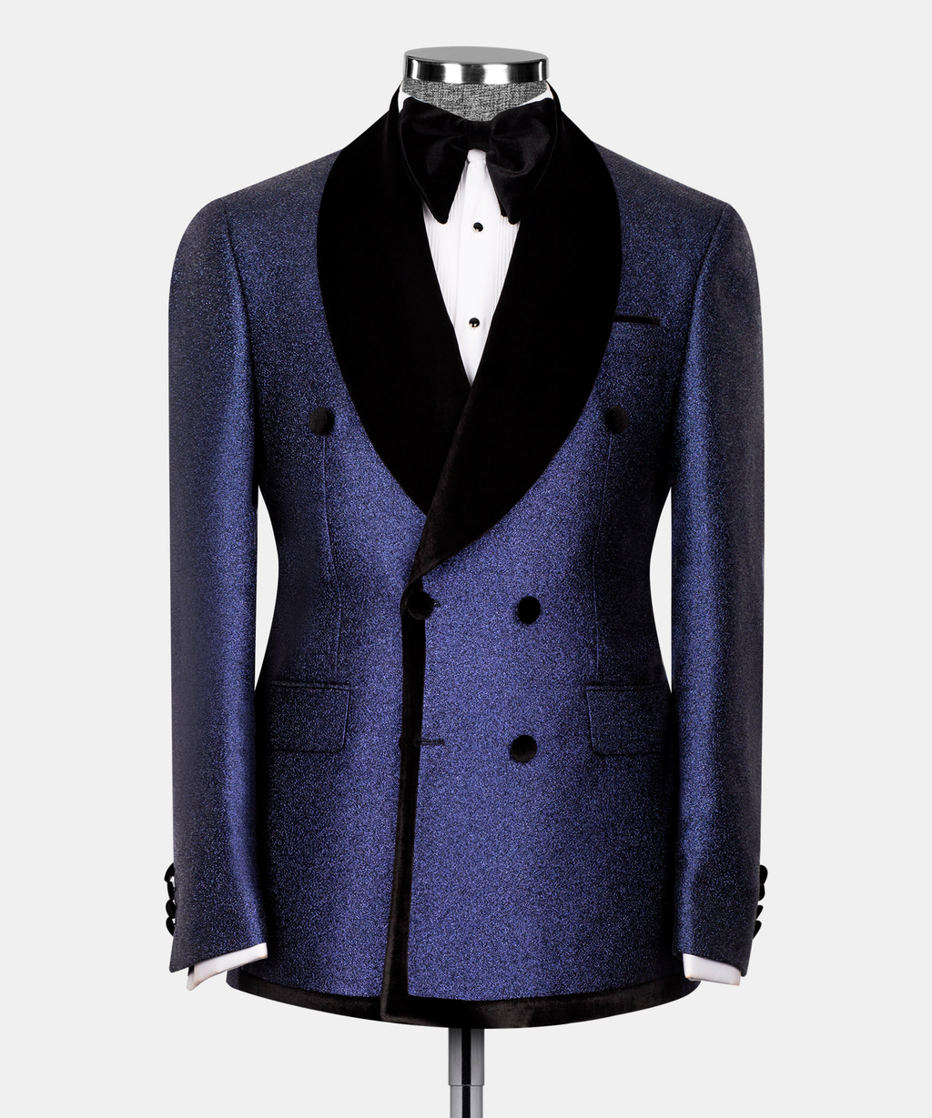 Dark blue double-breasted suit jacket with velvet shawl lapels, black bow tie and waistcoat