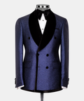 Dark blue double-breasted suit jacket with velvet shawl lapels, black bow tie and waistcoat