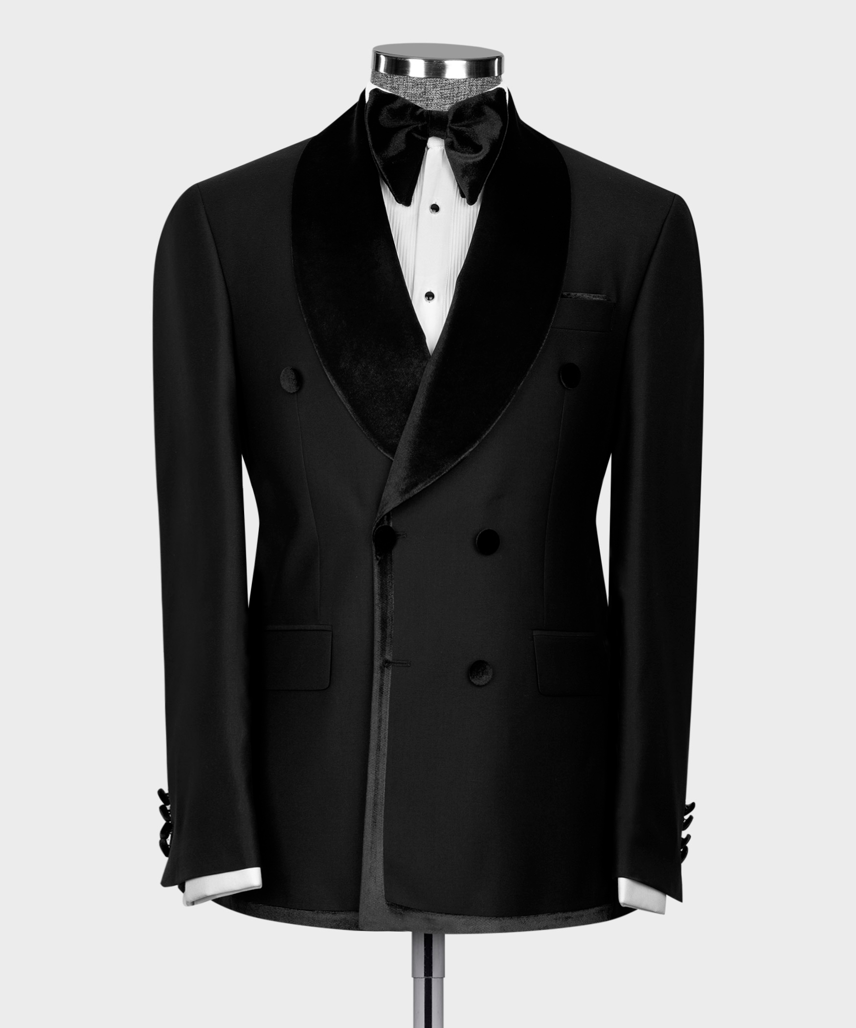 Black velvet double-breasted two-piece suit with satin lapels and bow tie