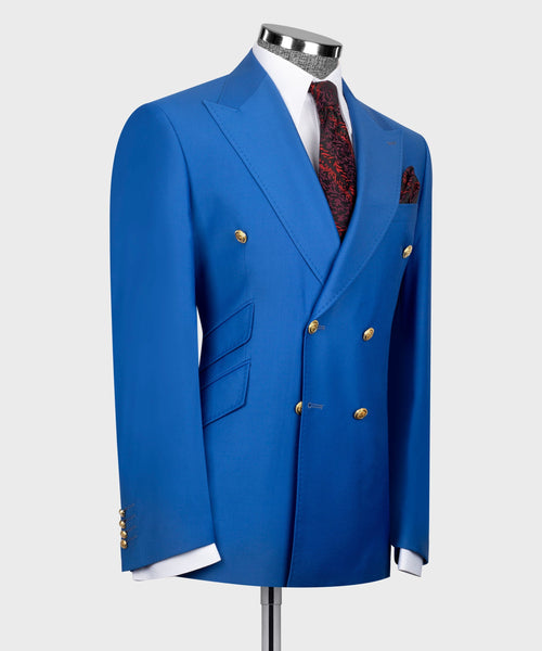 Blue double-breasted blazer with gold buttons, notch lapels, and red patterned tie