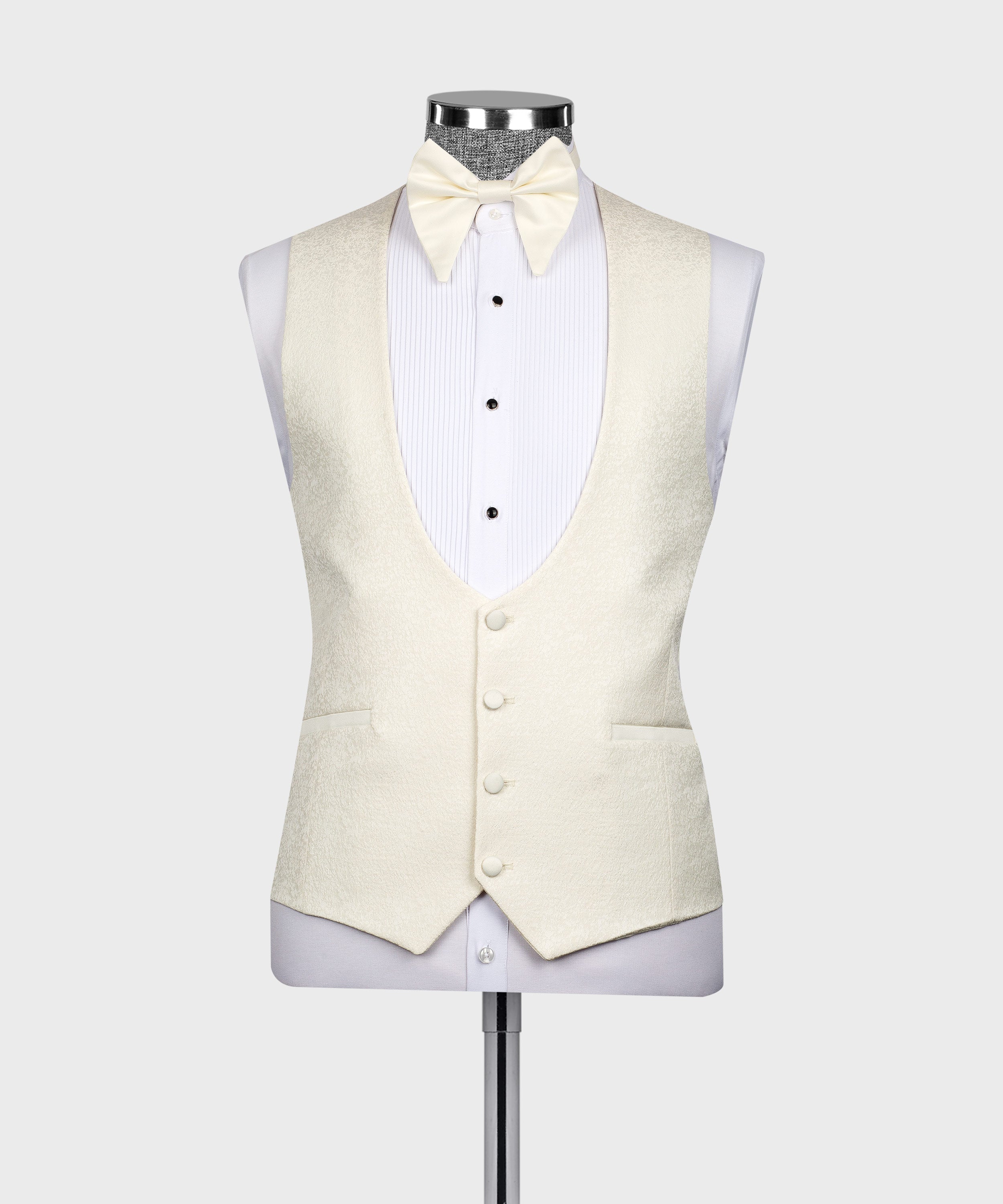 Cream waistcoat vest with four-button front, bow tie and white striped shirt