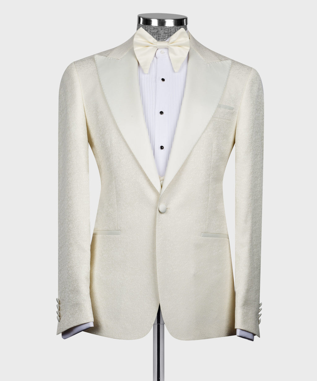 Cream tuxedo jacket with notch lapels and matching vest, white striped shirt