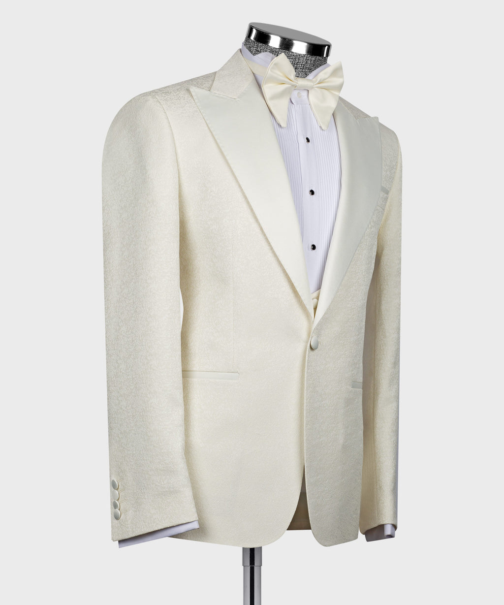 Cream tuxedo jacket front view with satin trim and single button closure