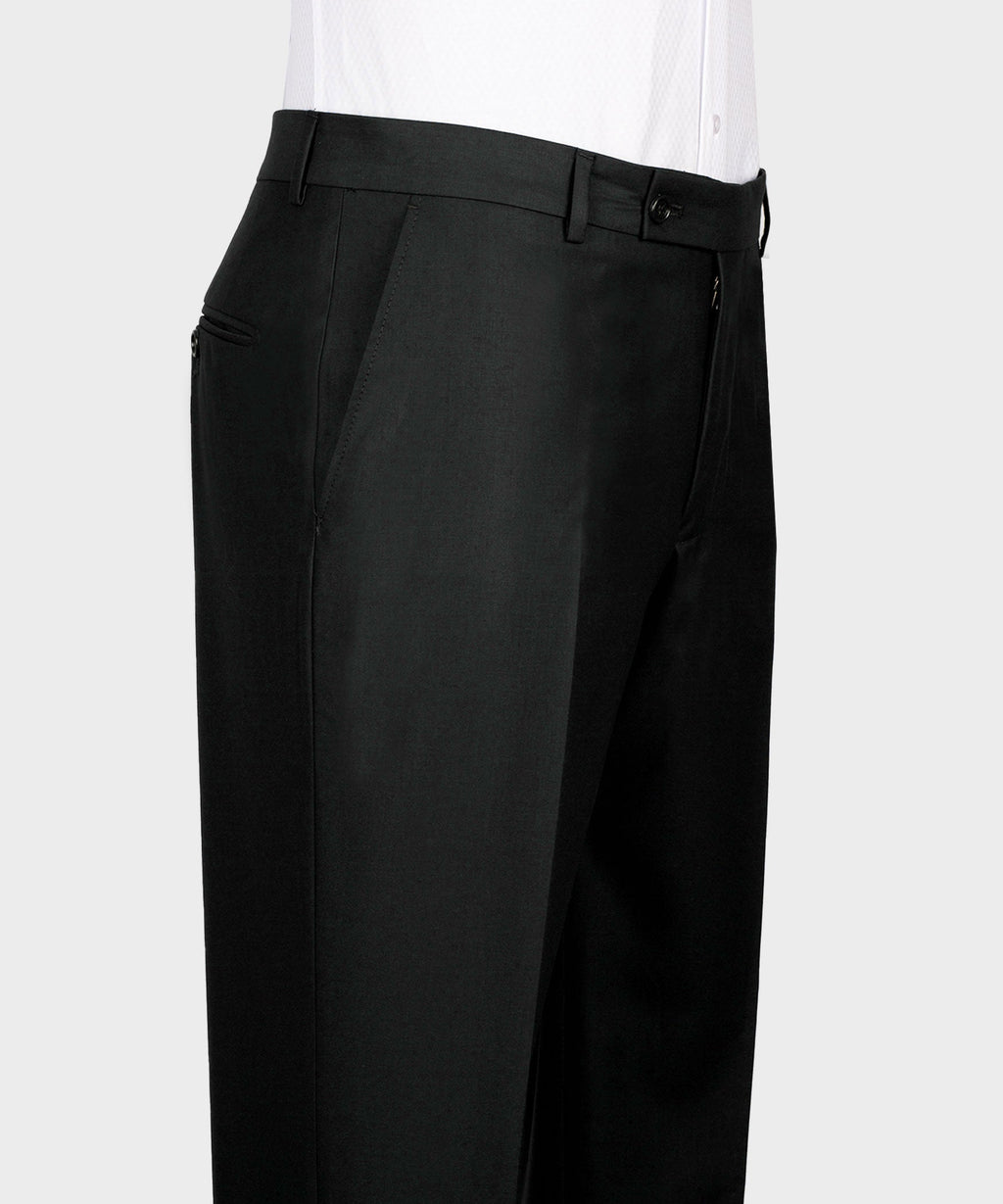 Black tuxedo trousers with waistband, belt loops, and side-seam detail.