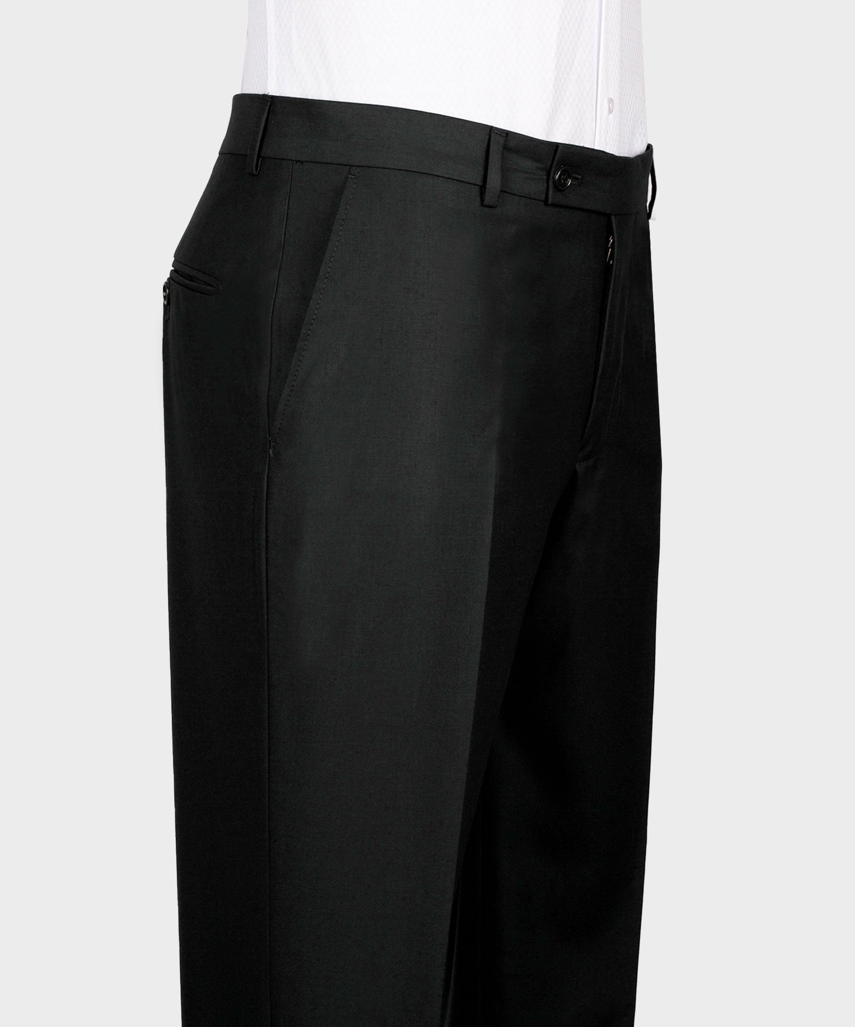 Black tuxedo trousers with waistband, belt loops, and side-seam detail.