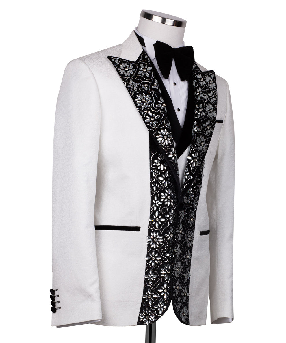 White tuxedo jacket with black embroidered vest panel, satin lapels, bow tie