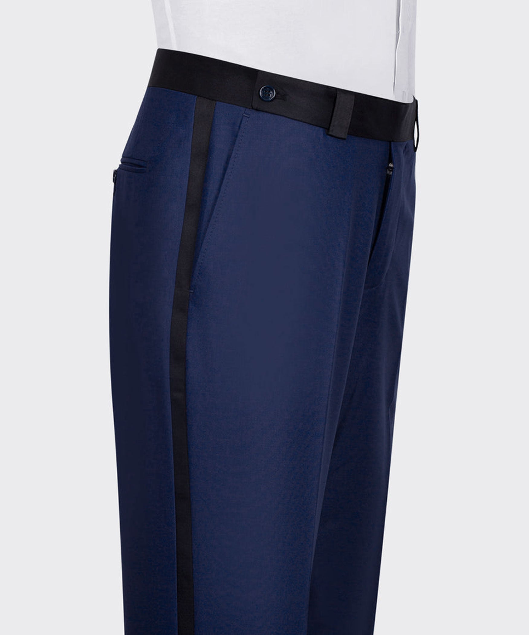 Men’s dark blue tuxedo trousers with black waist belt and black button