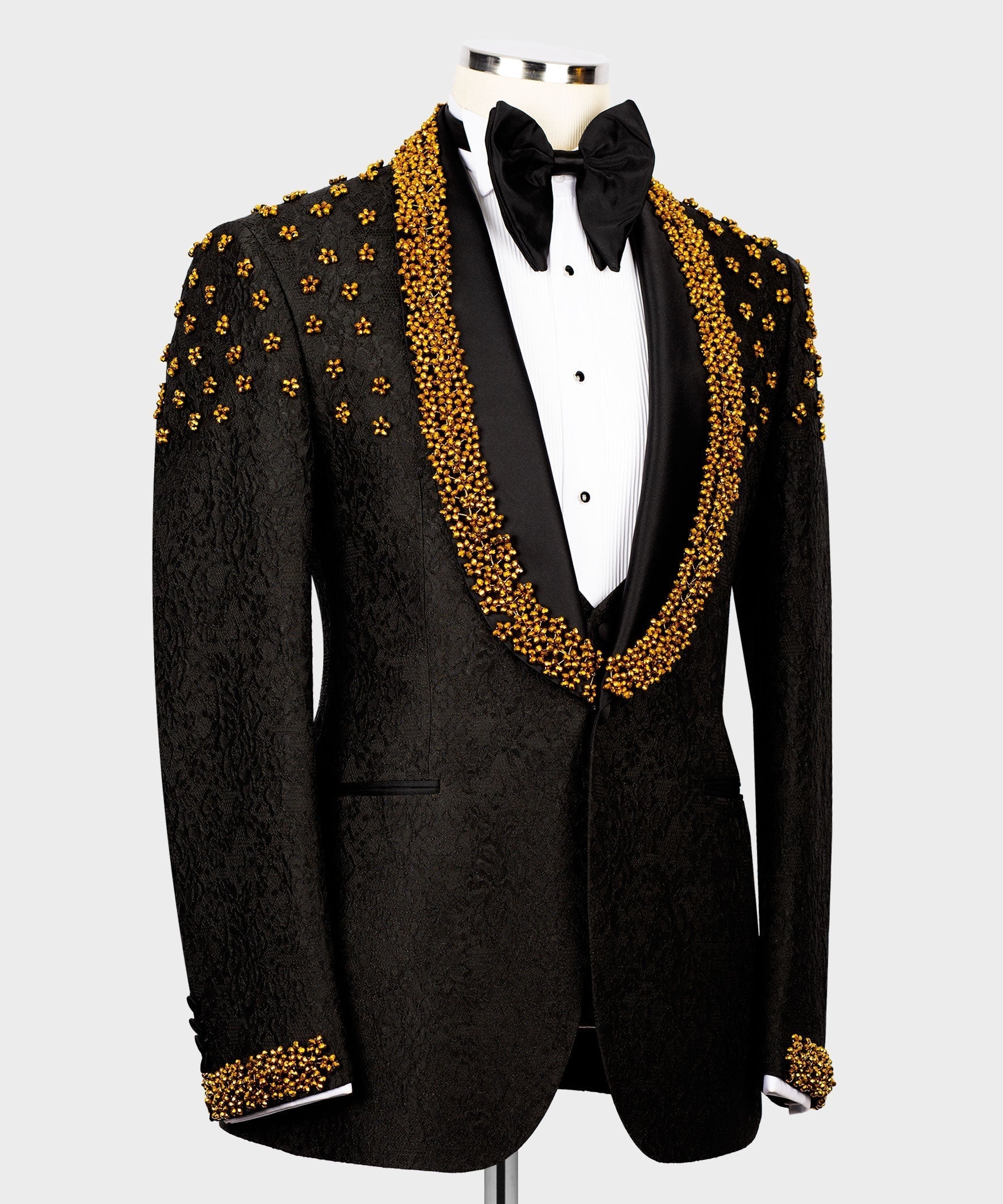 Black tuxedo jacket and vest set with gold bead trim, black bow tie, front view