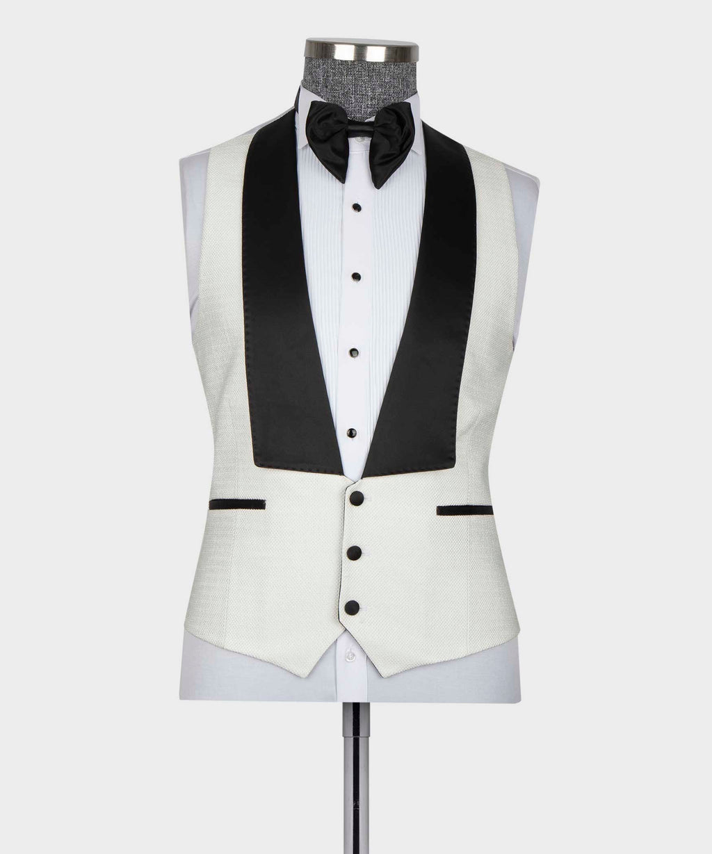 White tuxedo vest with black satin panel, black bow tie, striped white shirt