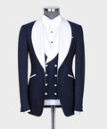 Classic tuxedo suit with navy jacket and waistcoat, white dress shirt, bow tie