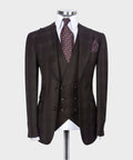 Dark brown plaid vest suit: double-breasted blazer with plaid waistcoat