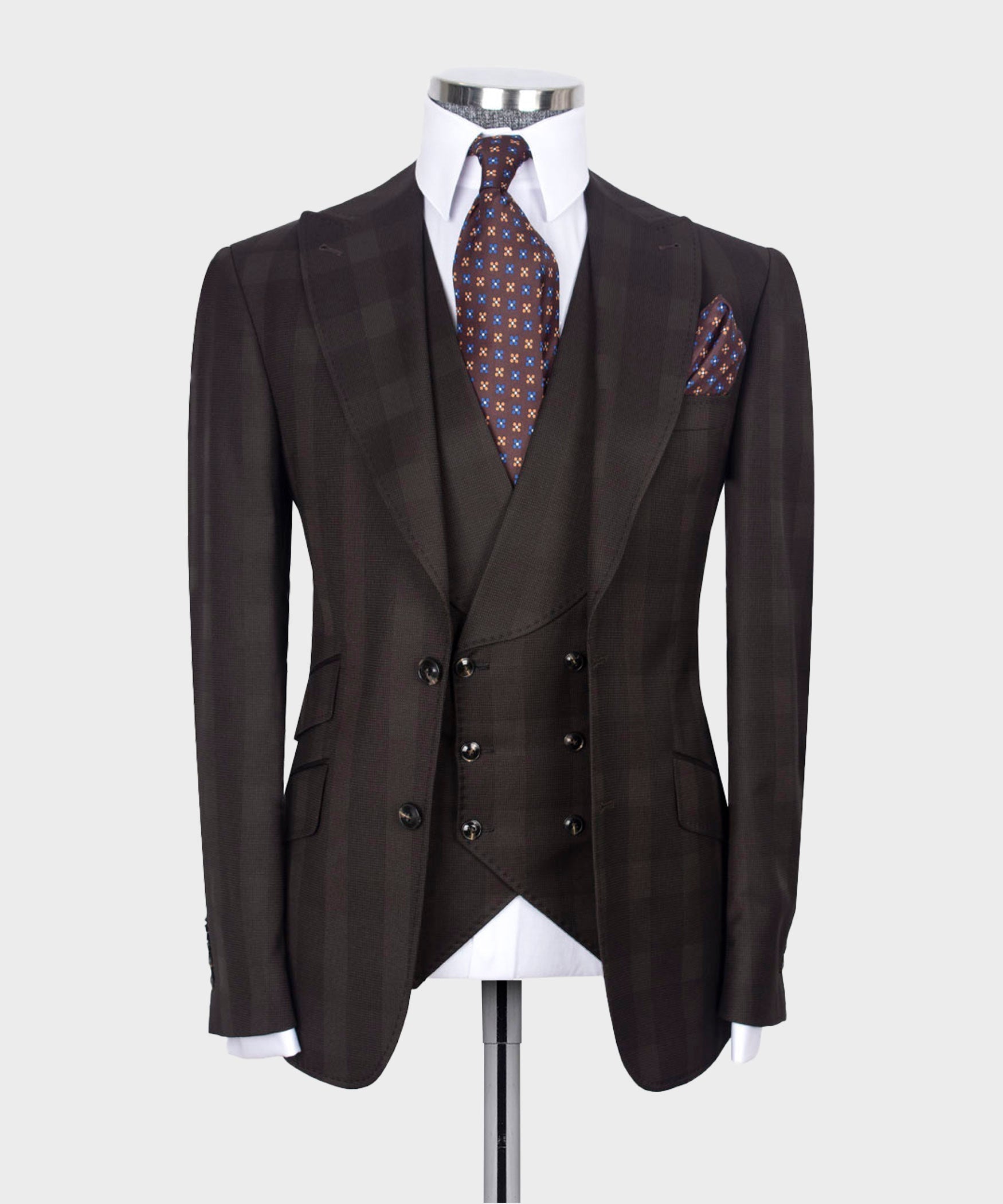 Dark brown plaid vest suit: double-breasted blazer with plaid waistcoat