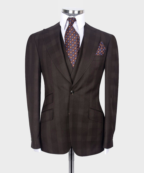 Dark brown plaid vest suit front view with blazer, plaid waistcoat and pocket square