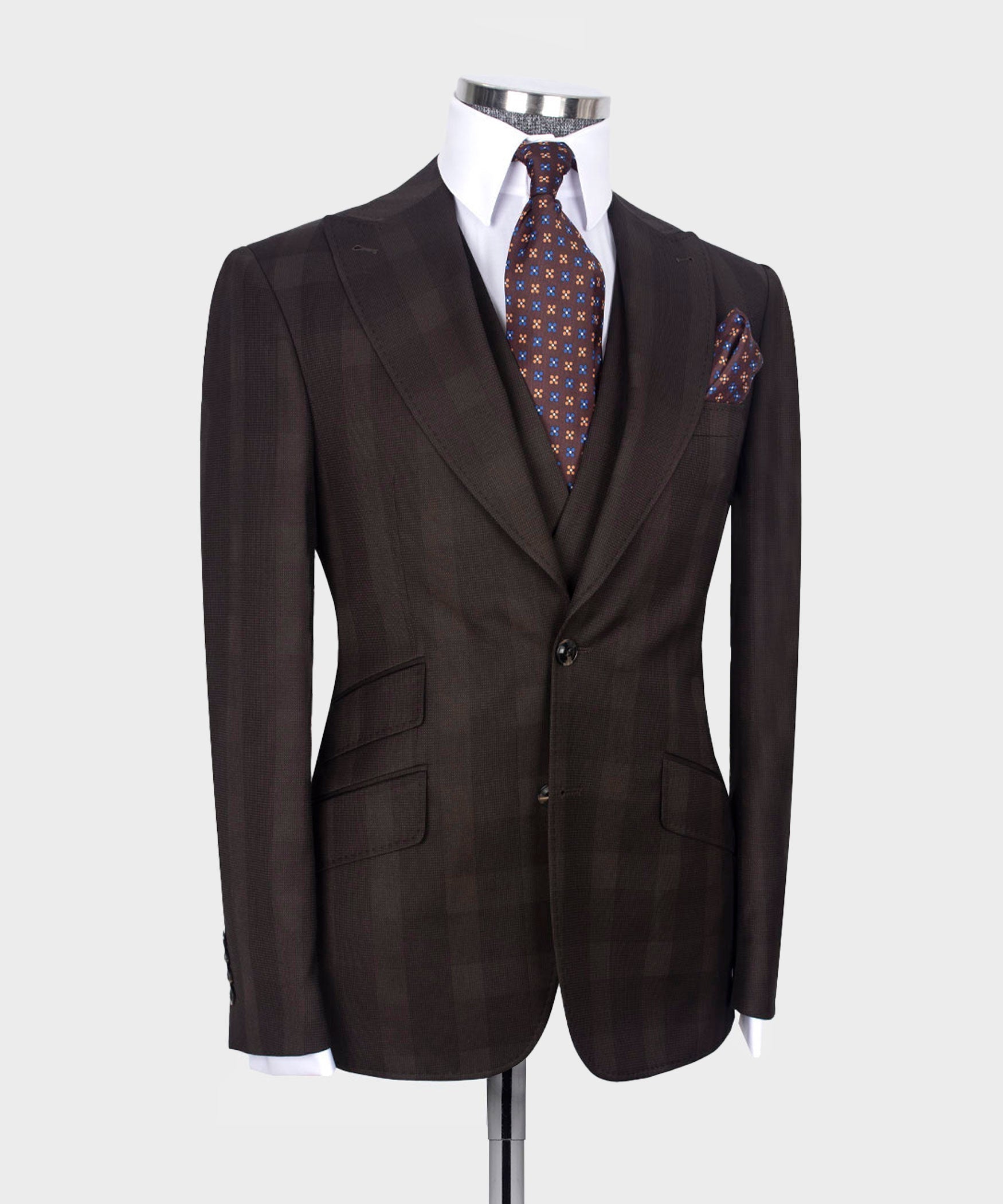 Dark brown plaid vest suit with notch lapels, double-breasted waistcoat on mannequin