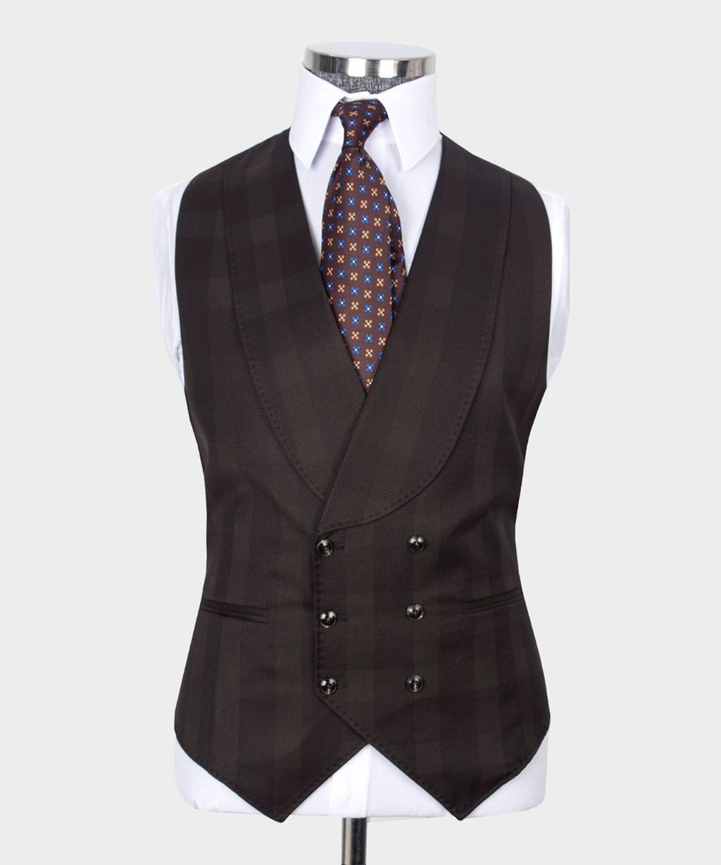 Dark brown plaid waistcoat vest with double-breasted front and waistcoat buttons