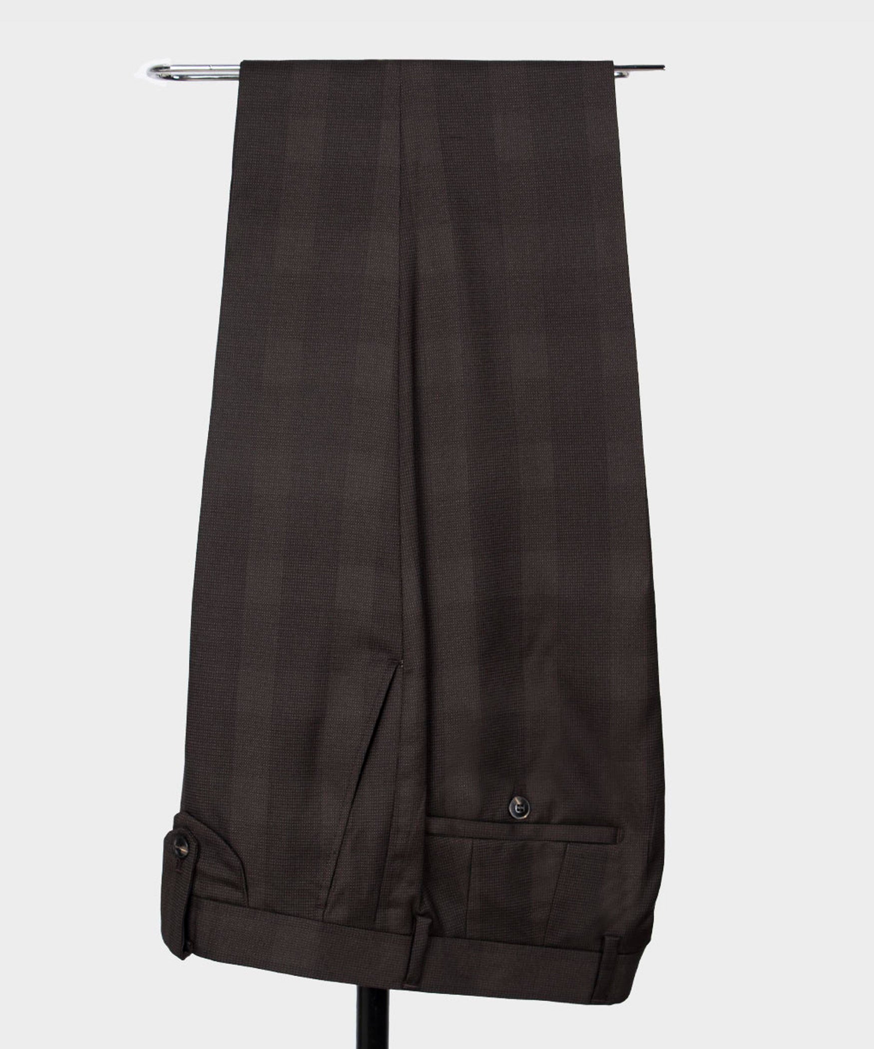 Dark brown dress trousers with crease and cuffed hem