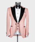 Pink tuxedo jacket with black satin lapels and bow tie, front view on mannequin