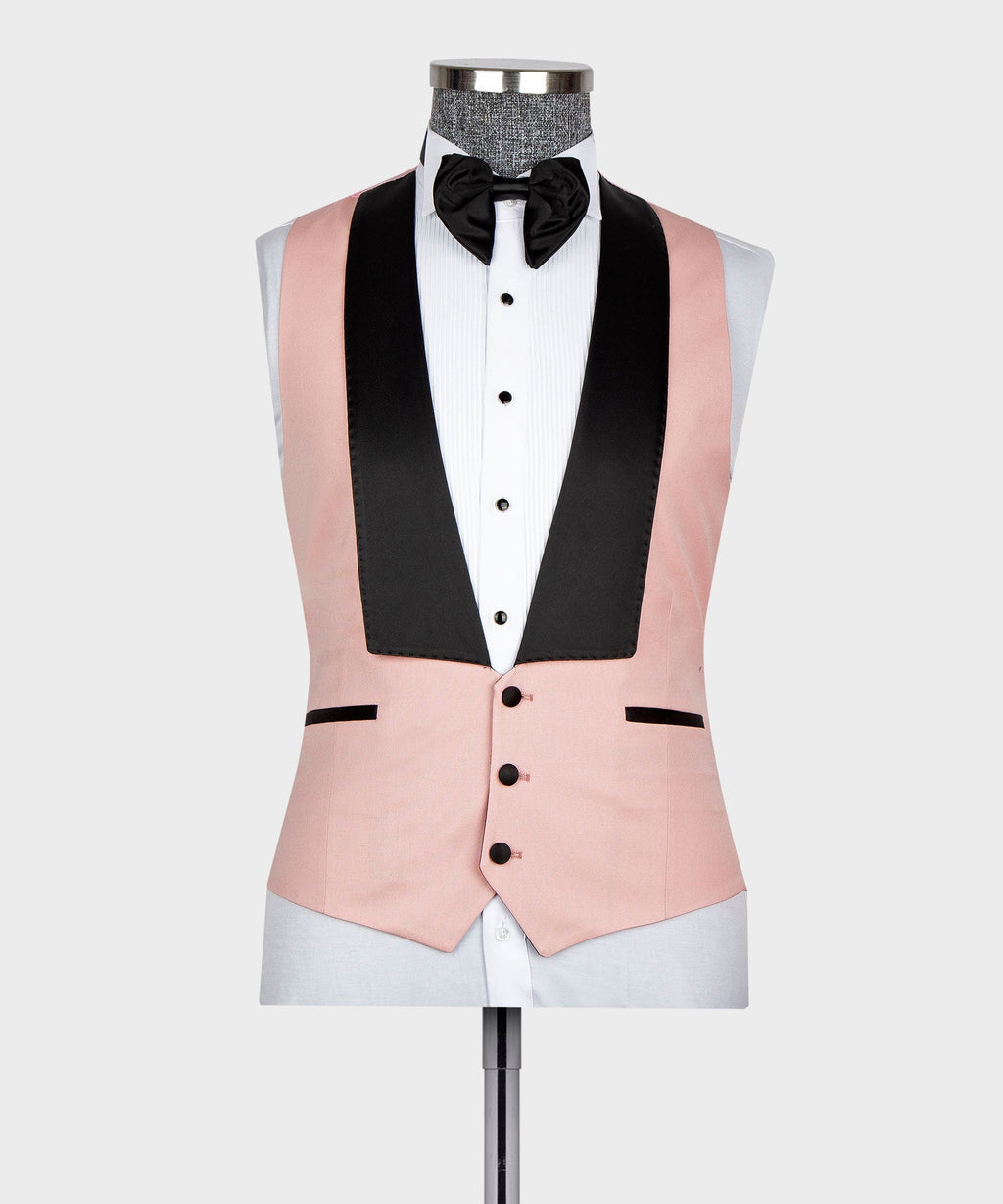 Pink tuxedo vest front with black lapel panel and black bow tie, sleeveless view