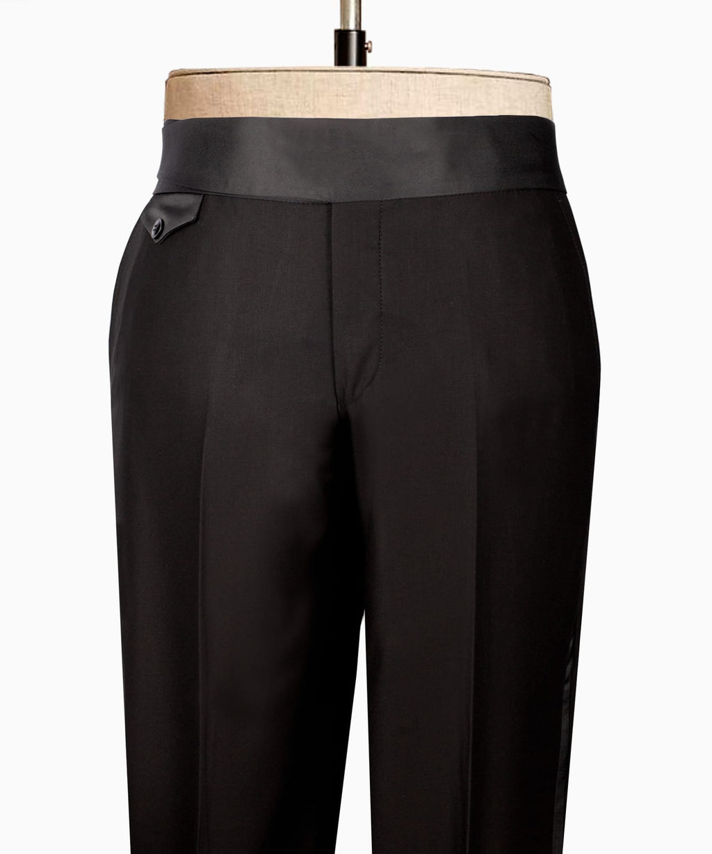 Black dress trousers with waistband and clean front panel creases