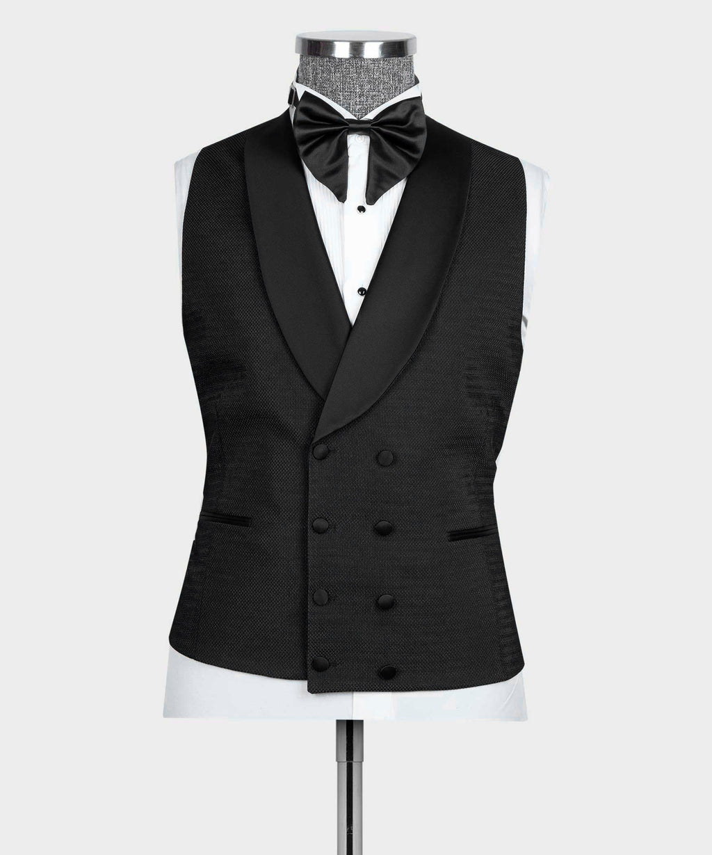 Black tuxedo waistcoat with satin bow tie and matching jacket