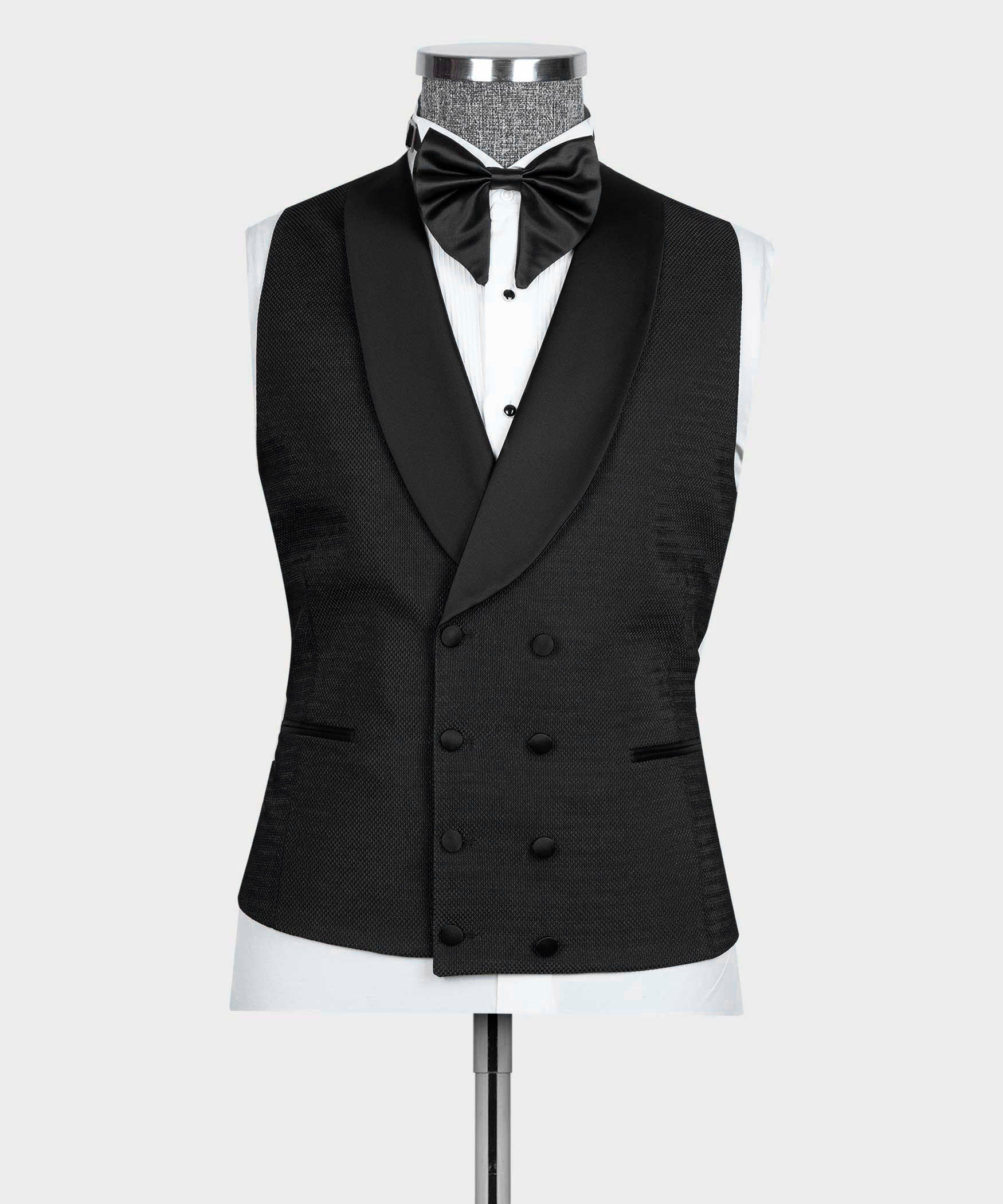 Black tuxedo waistcoat with satin bow tie and matching jacket
