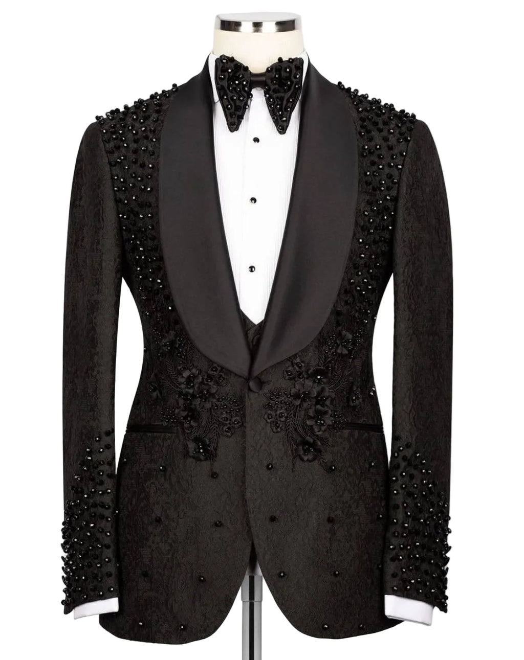 Black beaded tuxedo on a mannequin against a white background