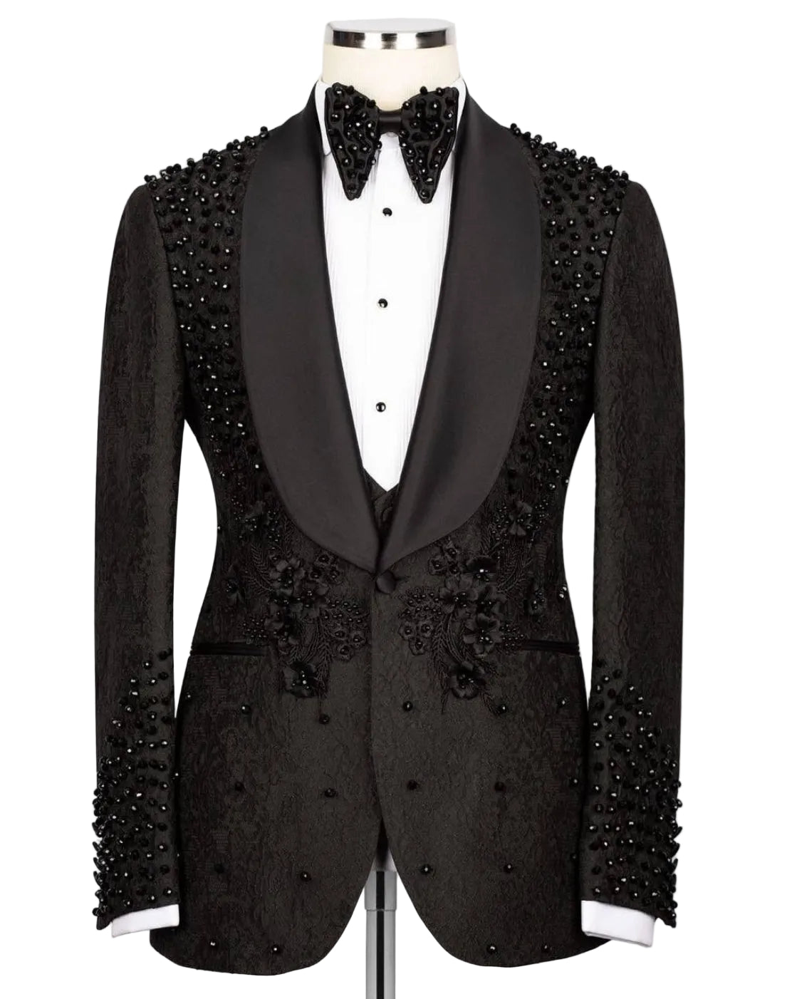 Black beaded tuxedo on a mannequin against a white background
