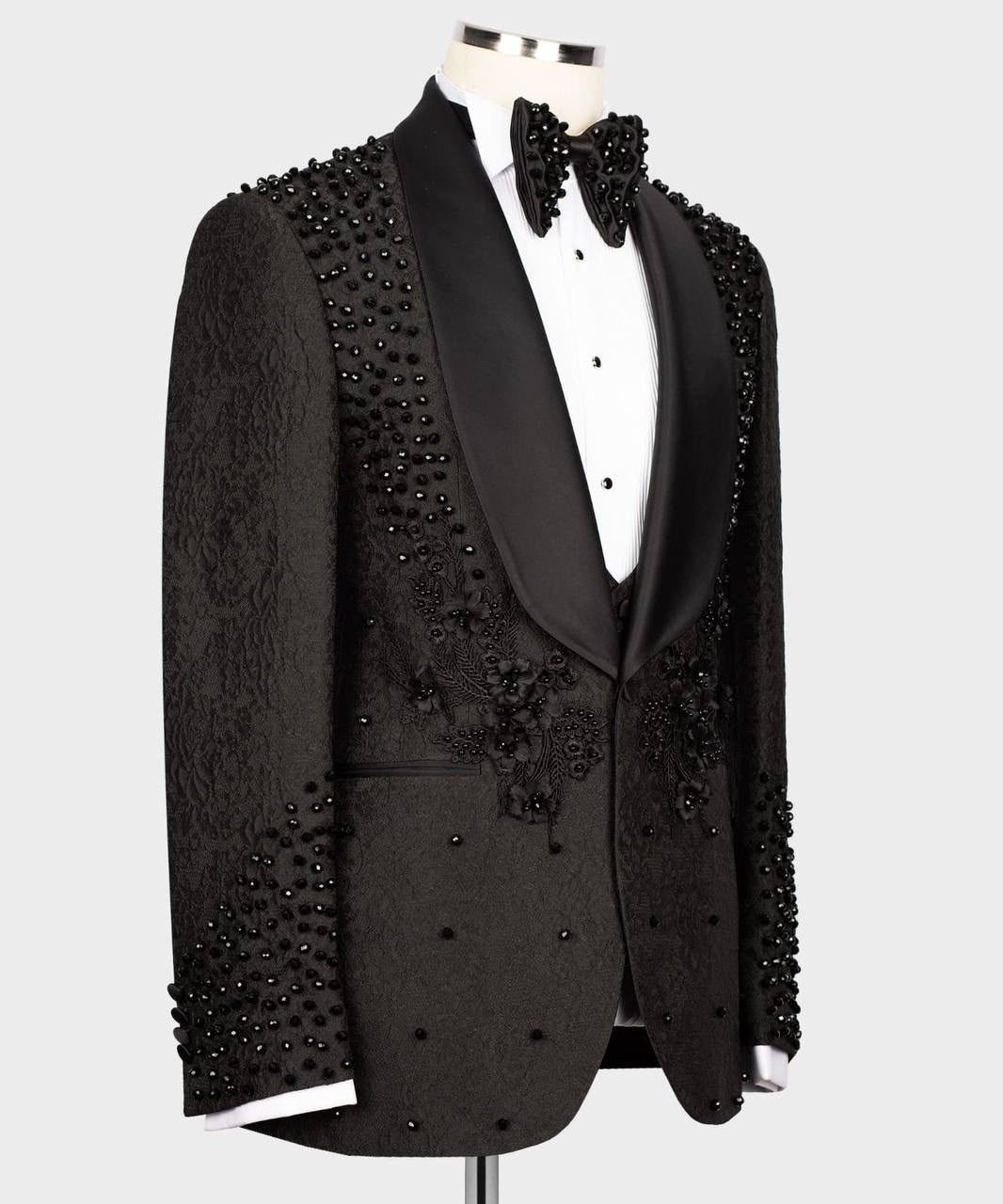 Black Beaded Tuxedo Suit | Modern Peak Lapel Evening Suit