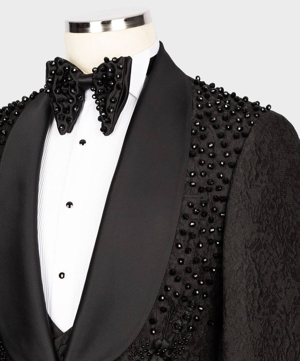 Black Beaded Tuxedo Suit | Modern Peak Lapel Evening Suit