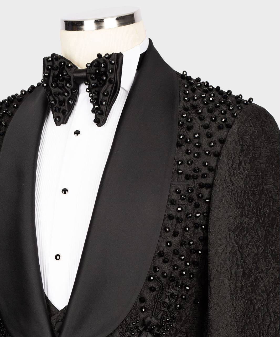Black Beaded Tuxedo Suit | Modern Peak Lapel Evening Suit