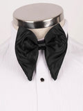 A black satin bow tie displayed on a white pleated dress shirt with a metallic neck stand against a light background.