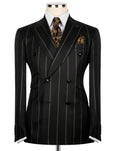 Black pinstripe suit on a mannequin with a white shirt and patterned tie.