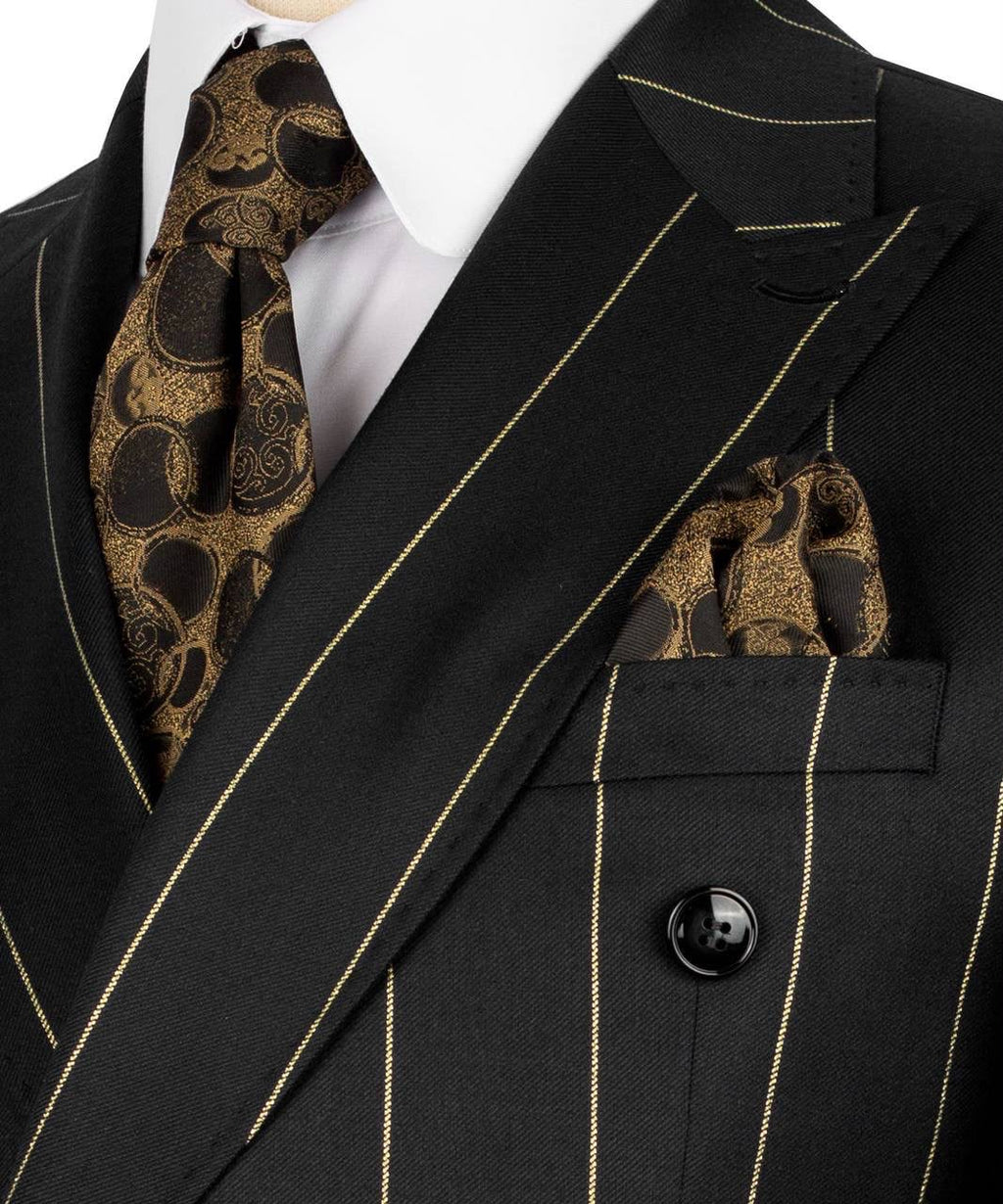 Black pinstripe suit with patterned tie and pocket square on a white background