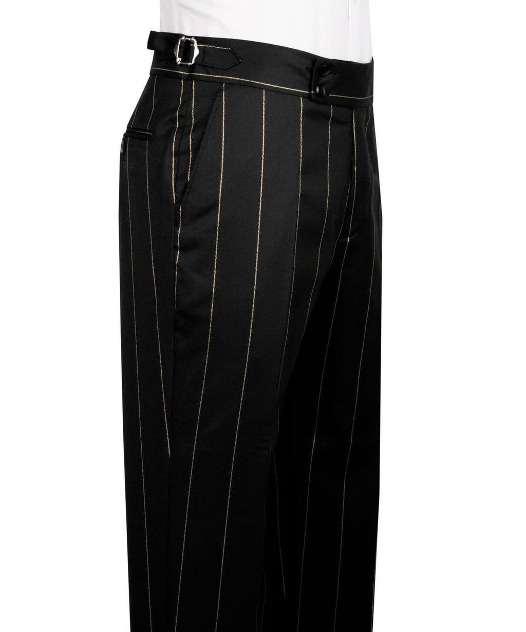 Black pinstripe pants with a belt on a white background