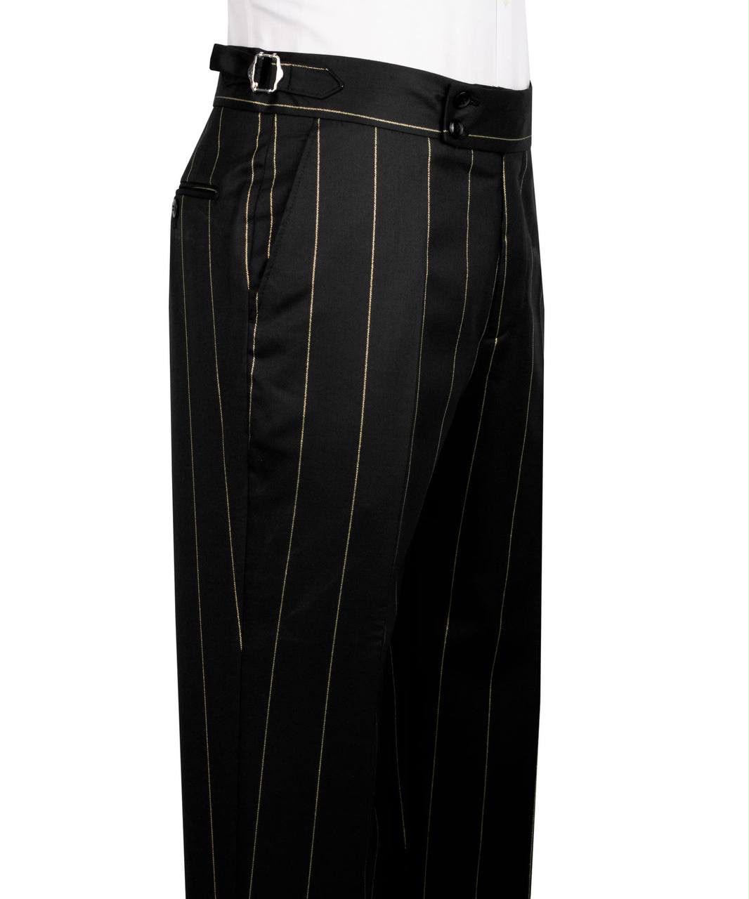 Black pinstripe pants with a belt on a white background