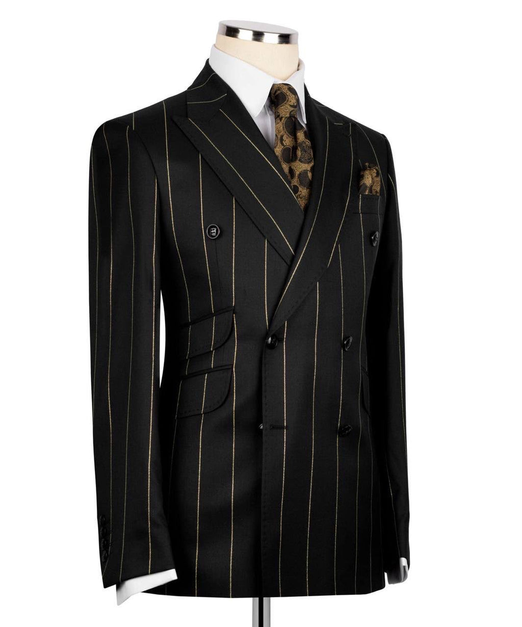 A black double-breasted pinstripe suit jacket displayed on a mannequin torso, styled with a white dress shirt, a brown patterned tie, and a matching pocket square against a plain white background.