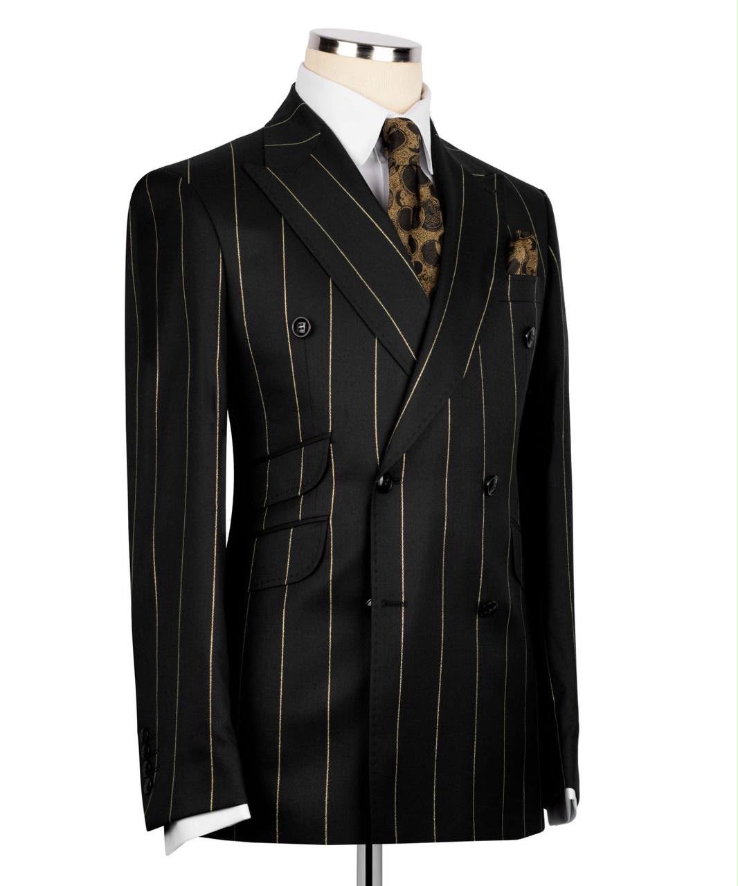 A black double-breasted pinstripe suit jacket displayed on a mannequin torso, styled with a white dress shirt, a brown patterned tie, and a matching pocket square against a plain white background.