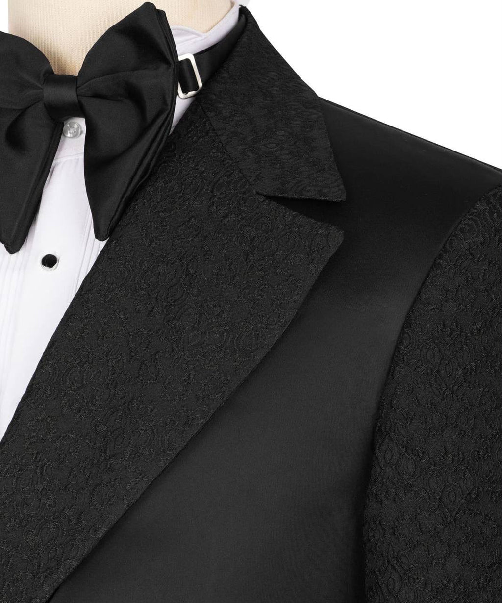 Black Jacquard Asymmetrical Tuxedo with Satin Lapel