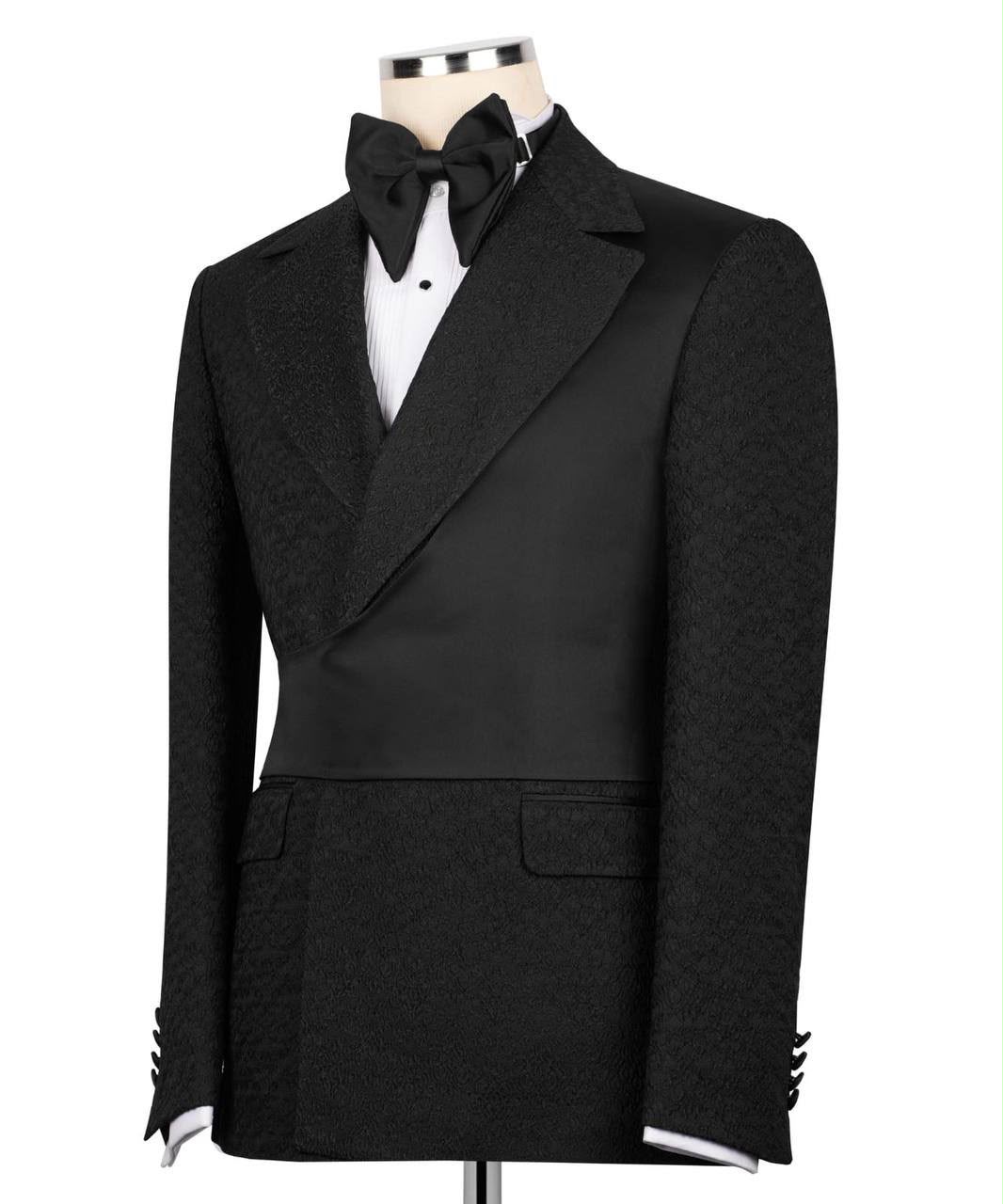 Black Jacquard Asymmetrical Tuxedo with Satin Lapel