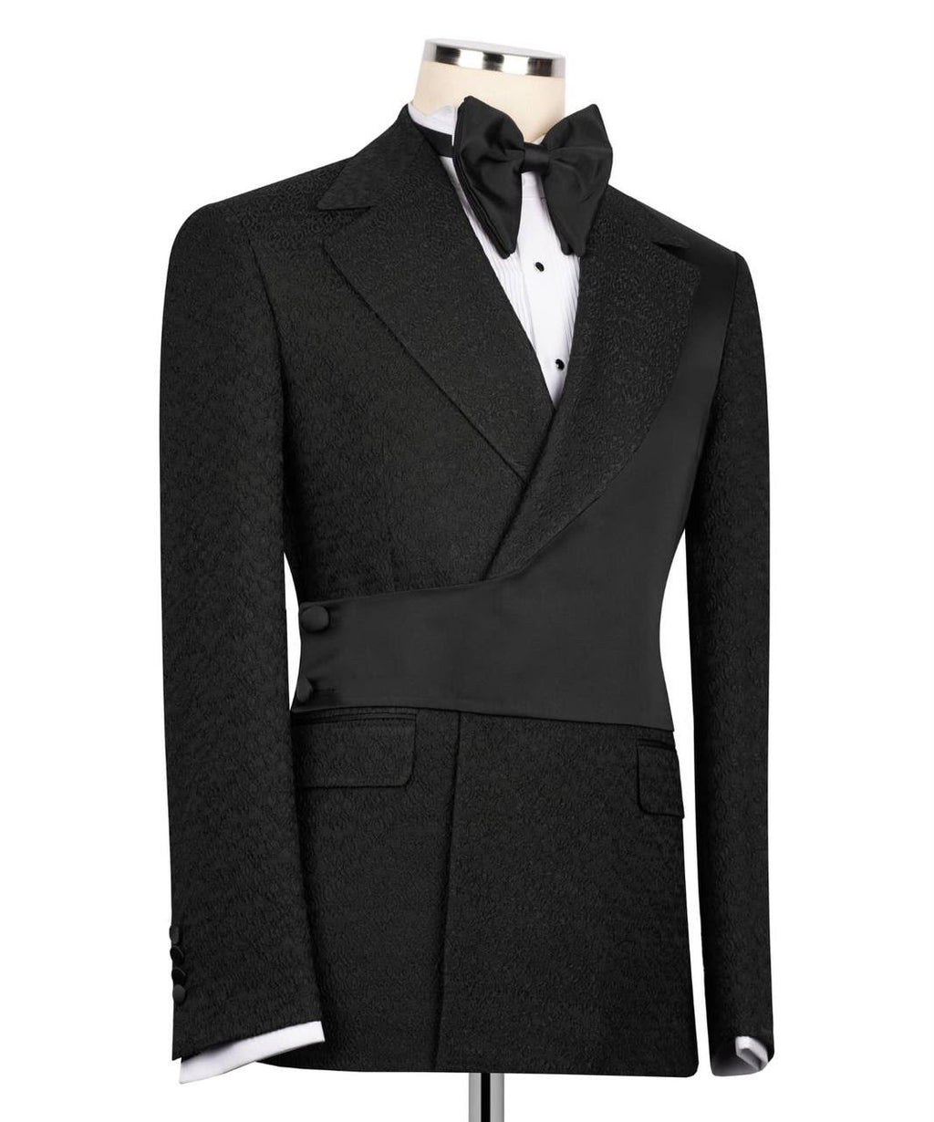 Black Jacquard Asymmetrical Tuxedo with Satin Lapel