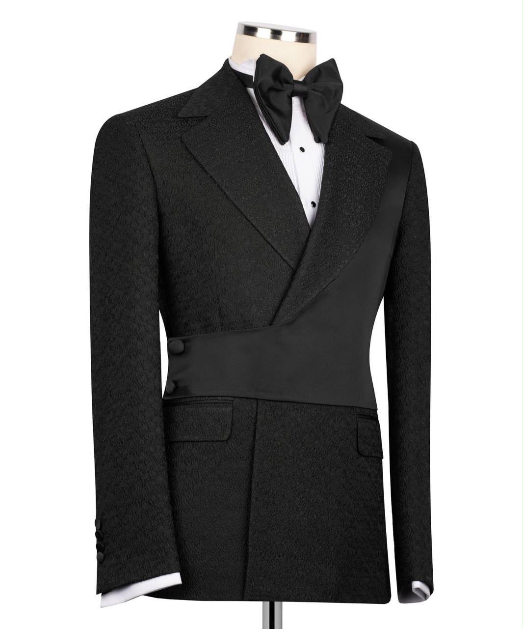 Black Jacquard Asymmetrical Tuxedo with Satin Lapel