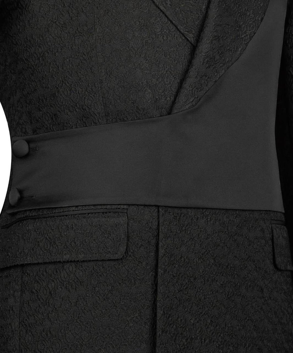 Black Jacquard Asymmetrical Tuxedo with Satin Lapel