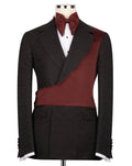A men's formal tuxedo jacket displayed on a mannequin, featuring a dark charcoal textured fabric body with contrasting deep burgundy satin lapels and a matching burgundy bow tie over a white dress shirt.