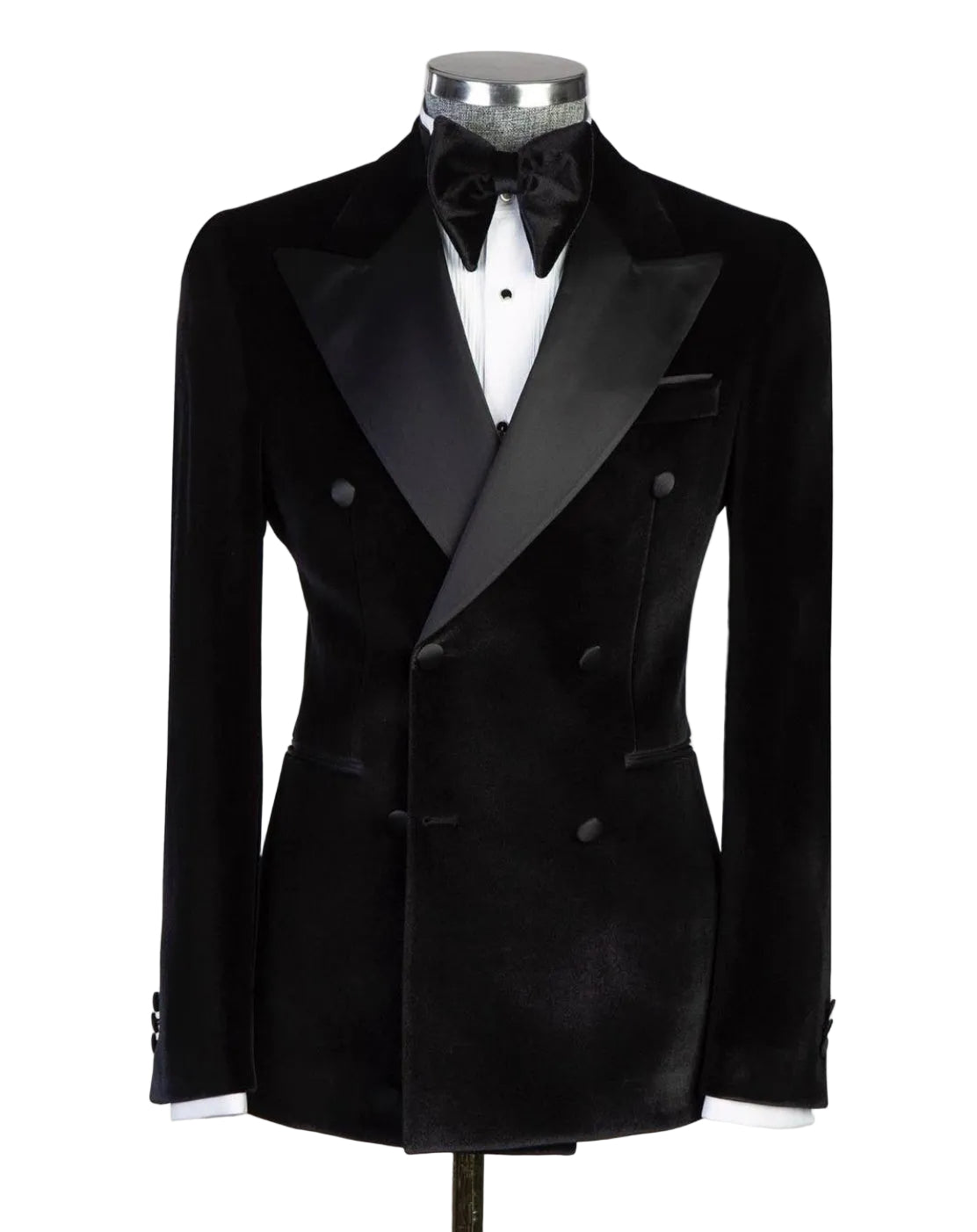 A black double-breasted tuxedo jacket with satin peak lapels, displayed on a mannequin torso with a white dress shirt, black bow tie, and black cufflinks