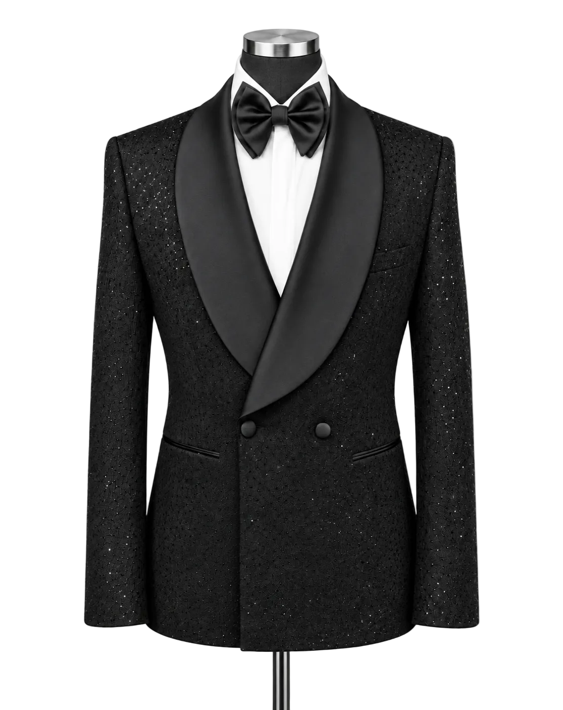 A black double-breasted tuxedo jacket with a textured glitter finish, featuring wide black satin shawl lapels, styled on a mannequin with a white dress shirt and black bow tie against a plain white background.