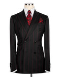 Navy pinstripe suit with red accents on a mannequin 