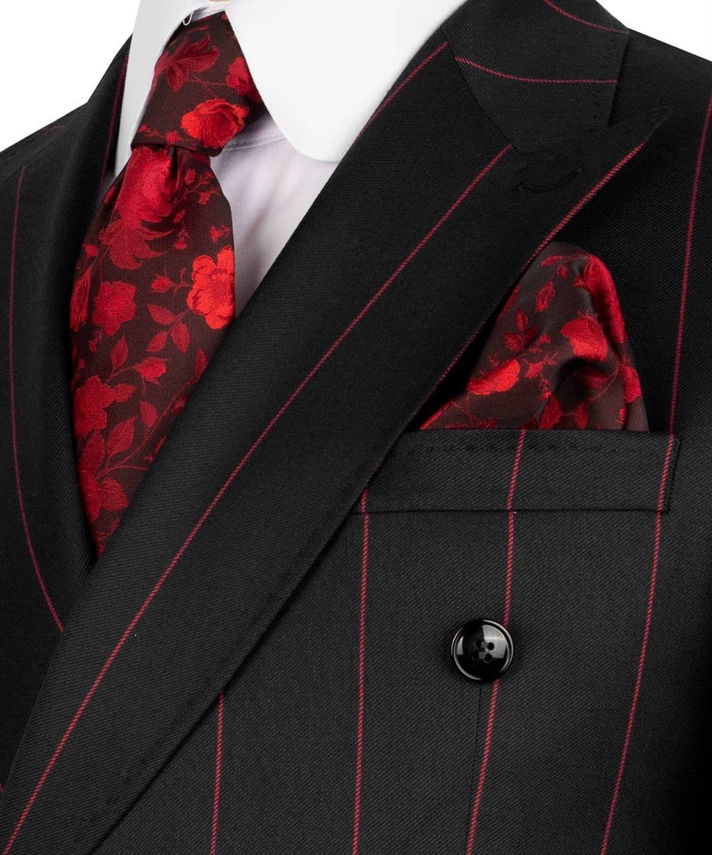 Black suit with red floral tie and pocket square on a mannequin