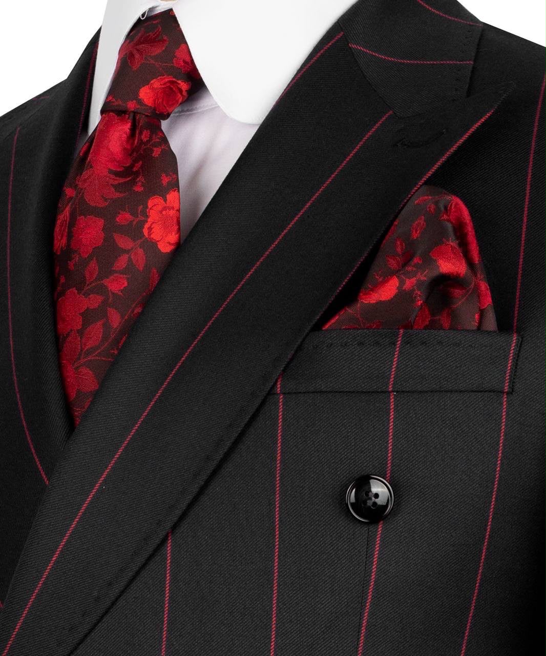 Black suit with red floral tie and pocket square on a mannequin