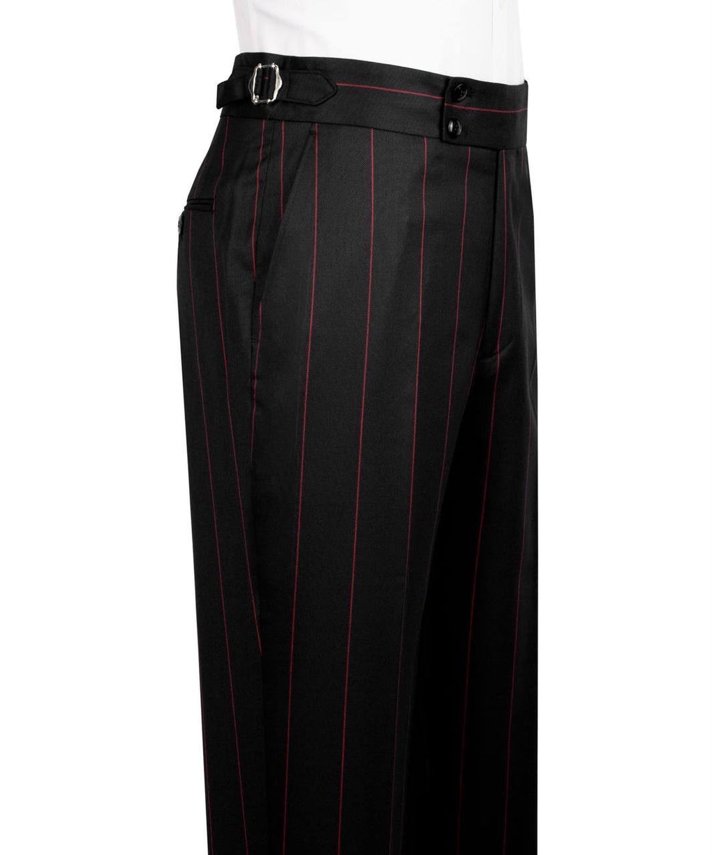 Black pinstripe trousers with thin red vertical stripes and a matching black belt with a silver buckle, shown on a white mannequin torso 